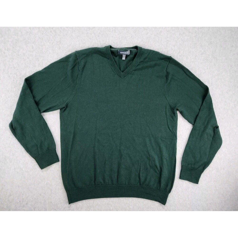 Bonobos Sweater Mens Large Green Extra Fine Thin Merino Wool V-neck Long Sleeve